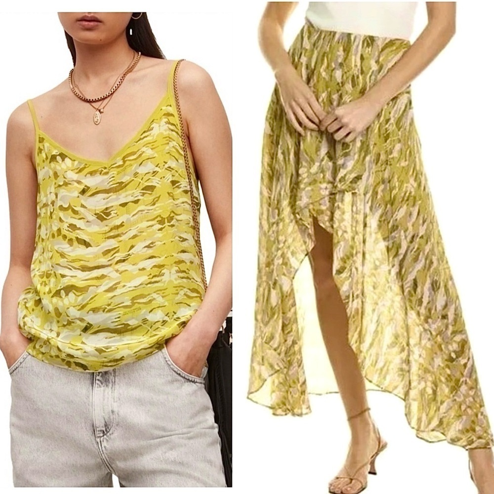 AllSaints Hi Low Skirt & Top Set 8 SIvina Oniyuri Camo Print 2pc yellow green
